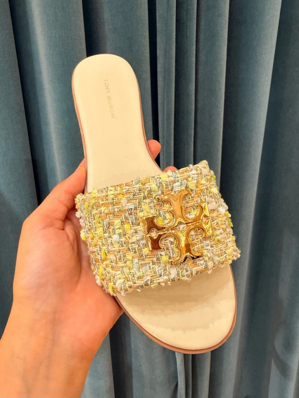 Tory Burch Everly Tweed Flat Slide Sandals Gold Logo Multicolor